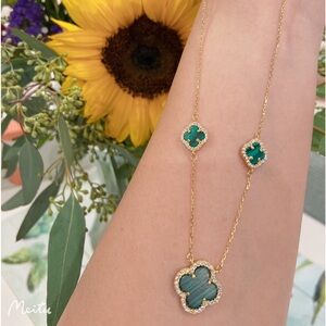 Rachel Zoe Three Clover Alhambra Necklace in 18K GP Silver & Malachite NWT